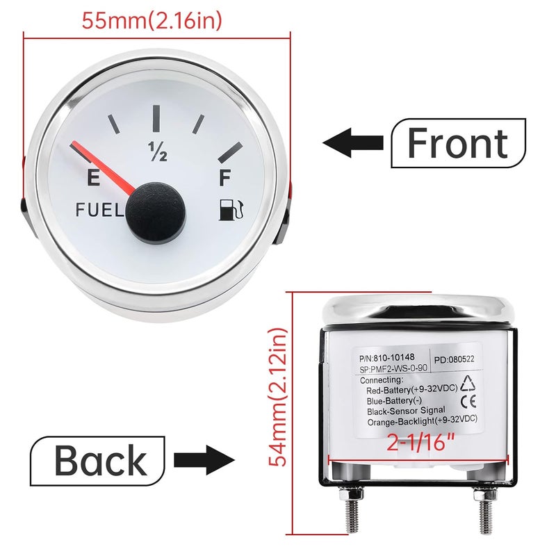 ARTILAURA 0-90 ohm Fuel Gauge 2 inch Boat Fuel Level Gauge 8 Color Marine Gas Tank Meter for Universal AUTO Car Truck Diesel RV Vehicle (White) - Image 2